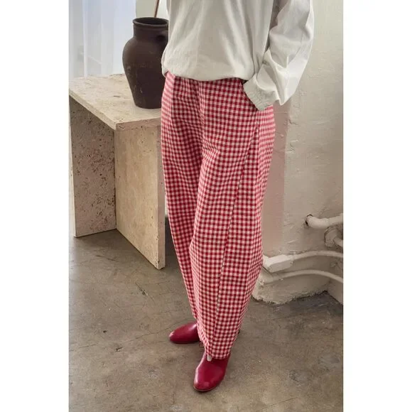 Red Gingham Barrel Leg Pants - Arc Pants - Picture 2 of 3